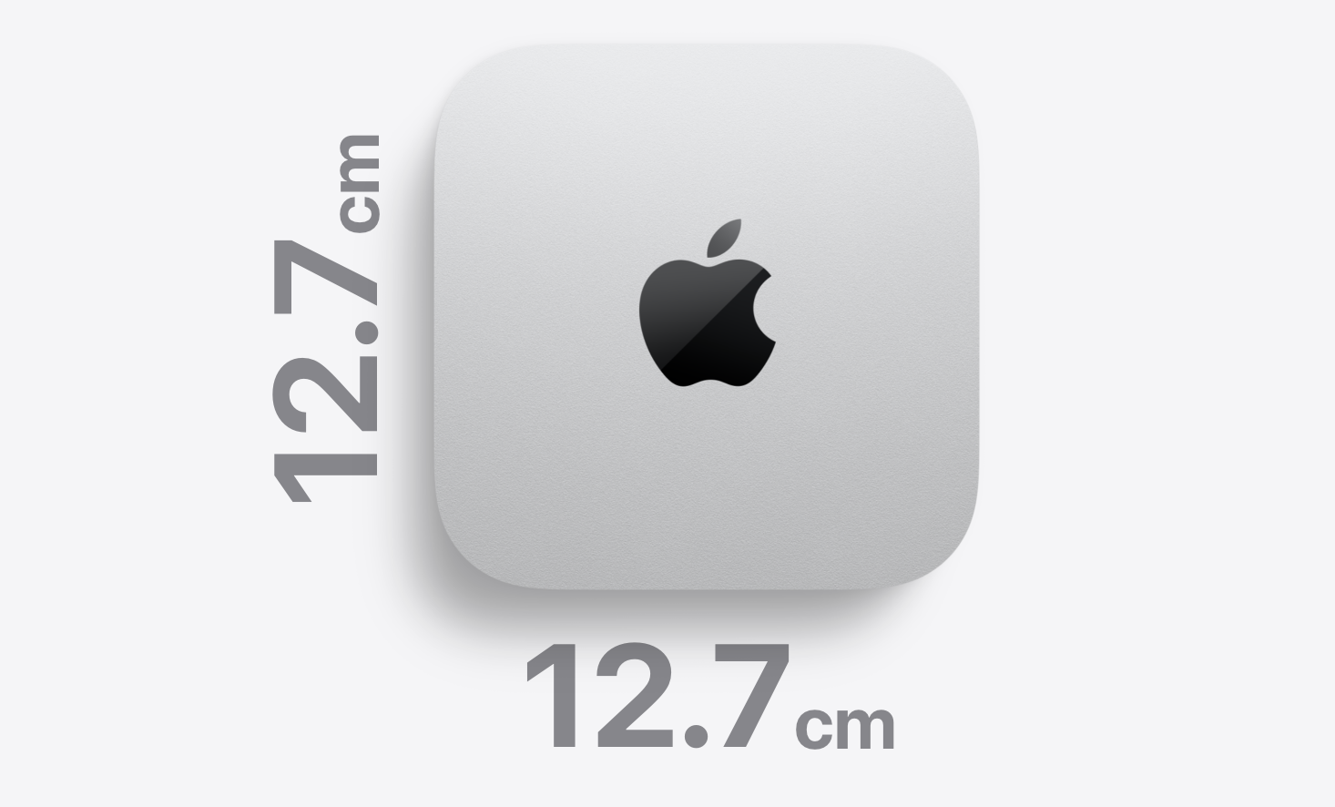Mac mini의 가로와 세로 길이가 각각 12.7cm임을 보여 주는 제품 크기 안내