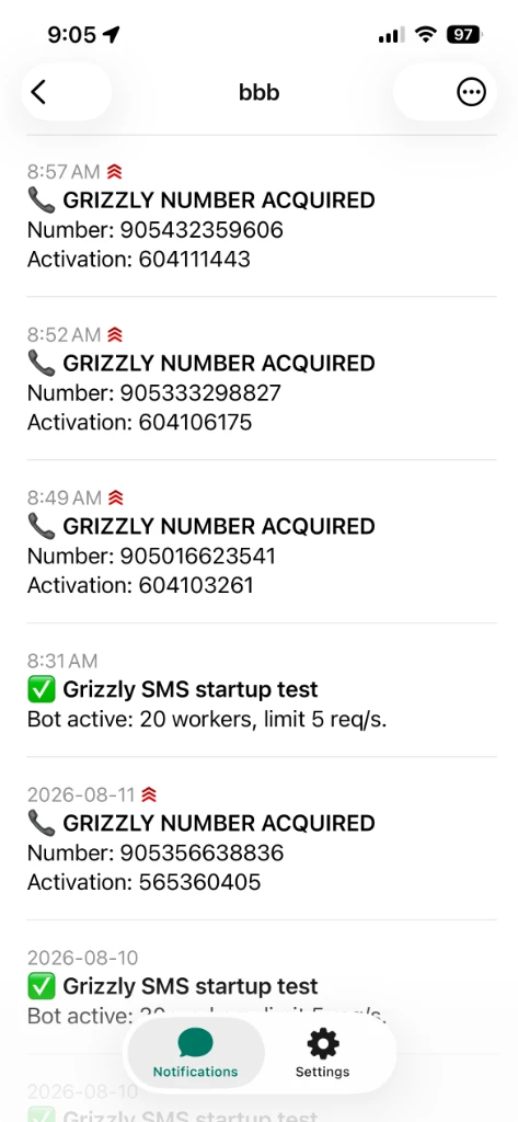 ntfy 앱에 도착한 SMS 번호 알림 화면
