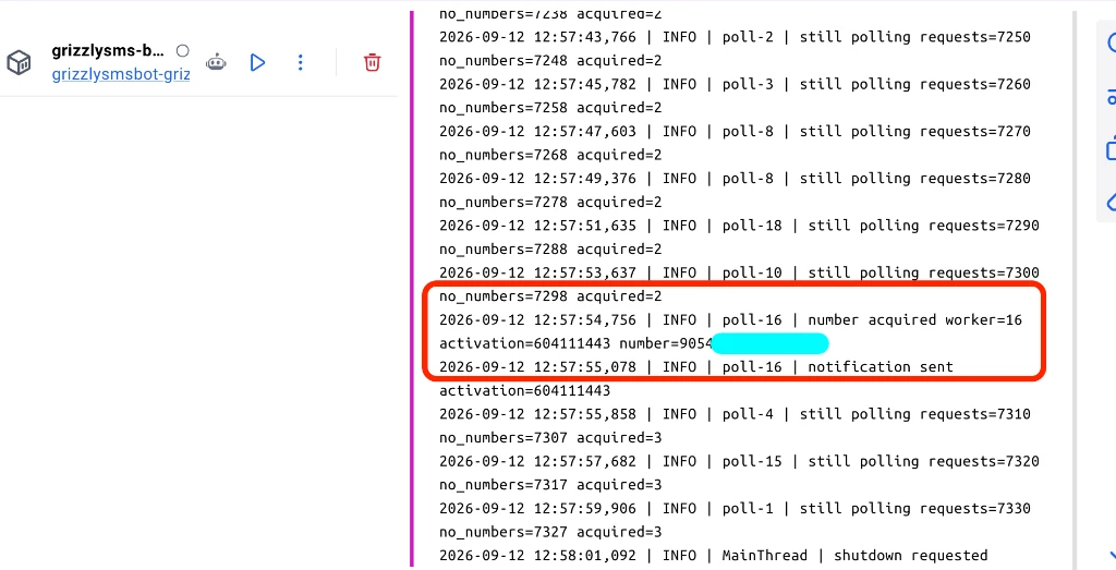 SMS 봇이 번호를 감지한 Docker 컨테이너 로그