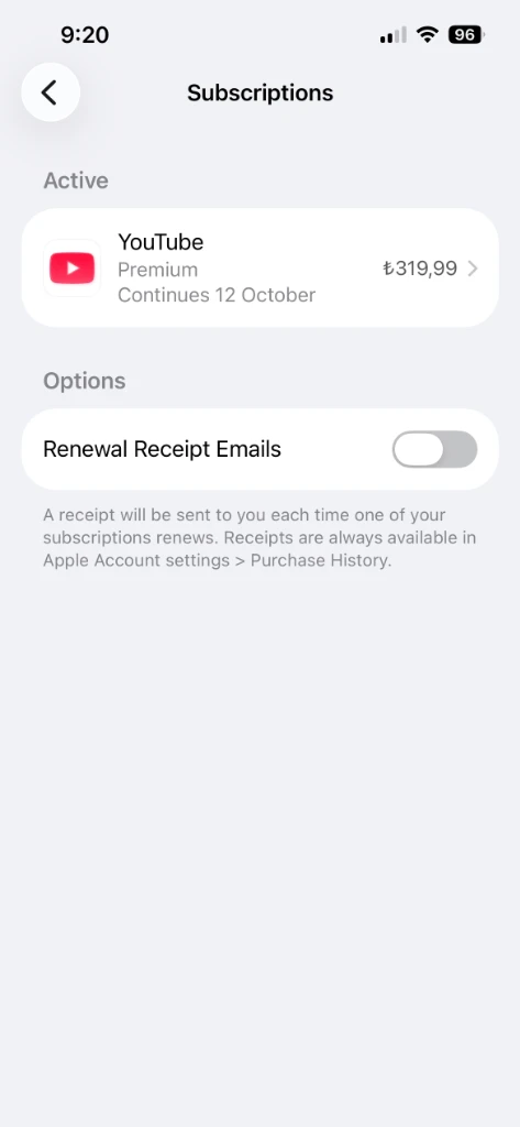 Apple 구독 화면에 표시된 YouTube Premium 가족 요금제