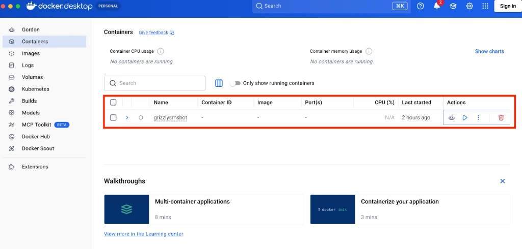 Docker Desktop에서 SMS 봇 컨테이너가 실행 중인 화면